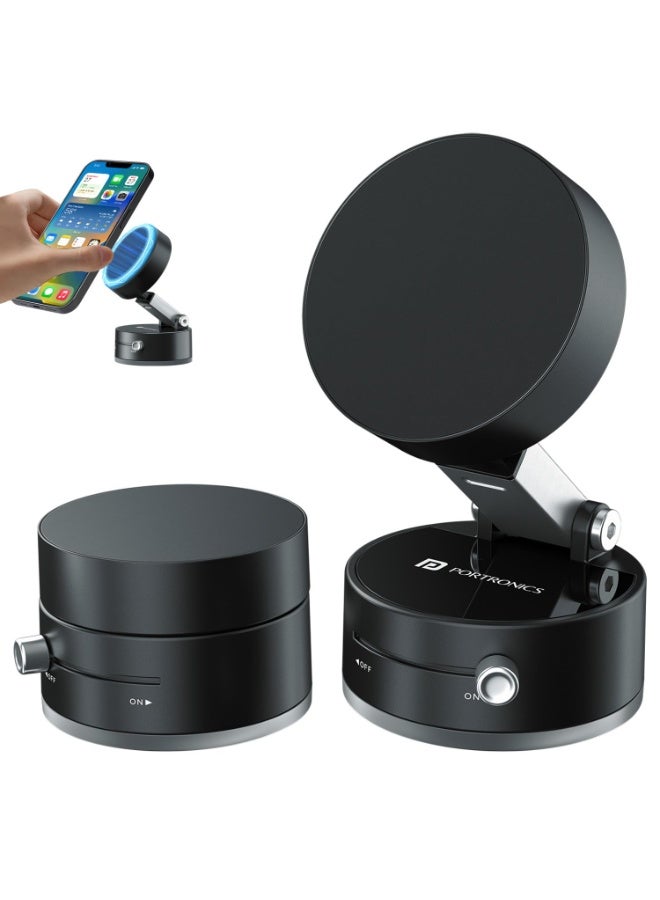 بورترونيكس Portronics Hold X Magnetic Vacuum Suction Mobile Holder, Multiple Angle Adjustment, Retractable, Strong Magnetic Attachment, Compatible with iPhone & Android Phone for Car, Desk, Mirror, Glass(Black) - Image 1